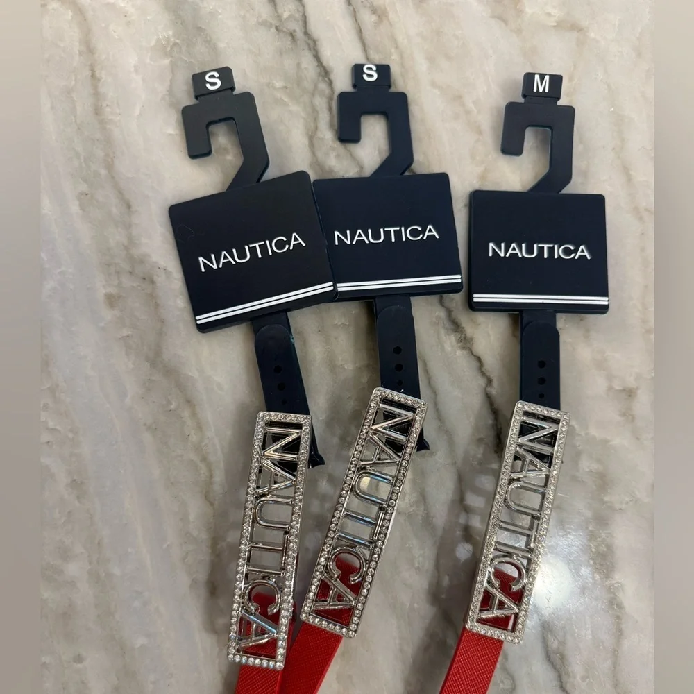 NWT Nautica Logo Silver Bling Buckle Red  Slim Belt